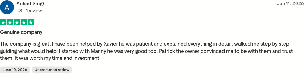 Verified Trustpilot review