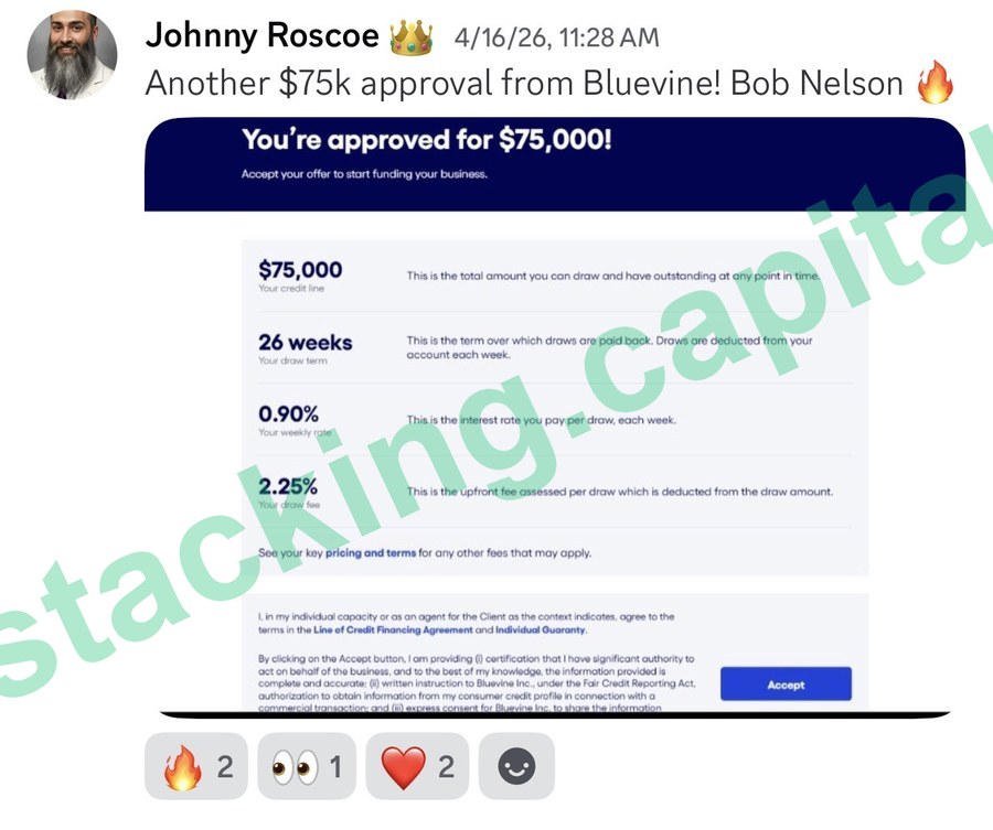 Bluevine approved Bob Nelson for $75,000