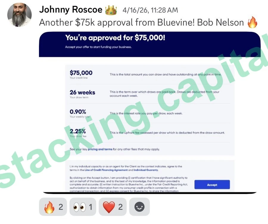 Bluevine approved Bob Nelson for $75,000