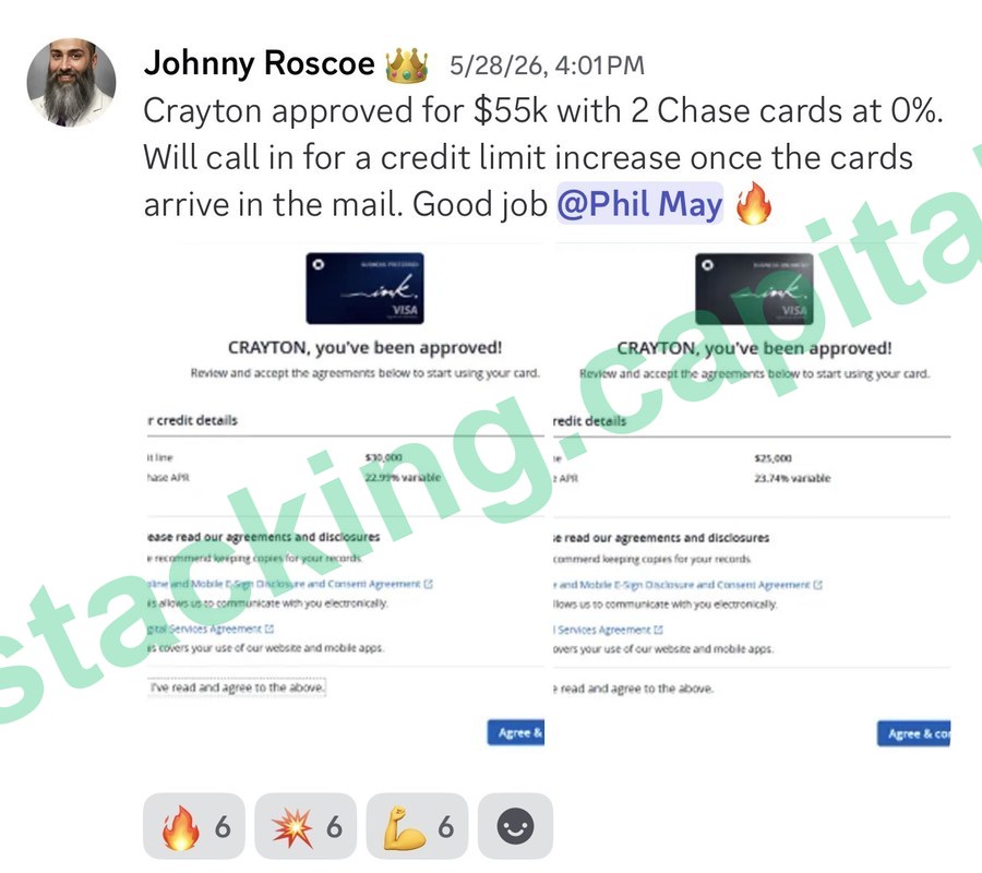 Crayton approved for $55,000 with two Chase cards at 0%