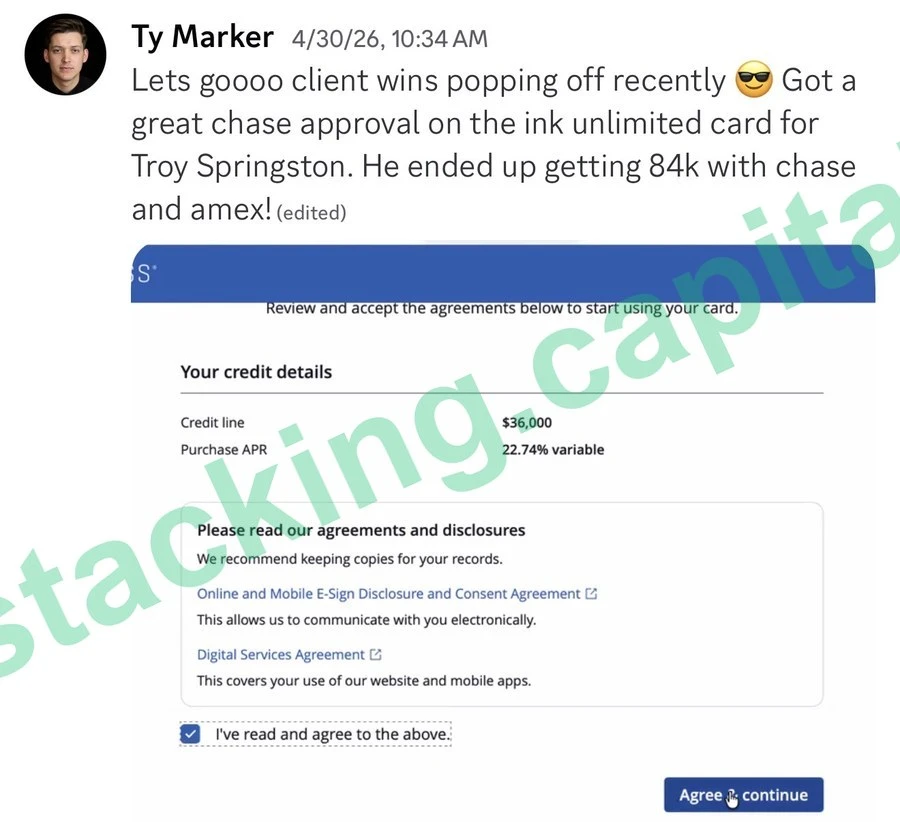 Chase Ink Unlimited approved, $36,000 credit line, client reached $84,000 across Chase and Amex