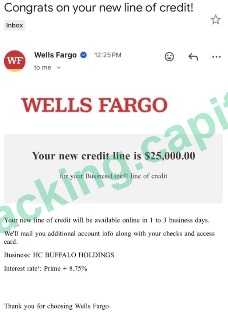 Wells Fargo new business credit line of $25,000