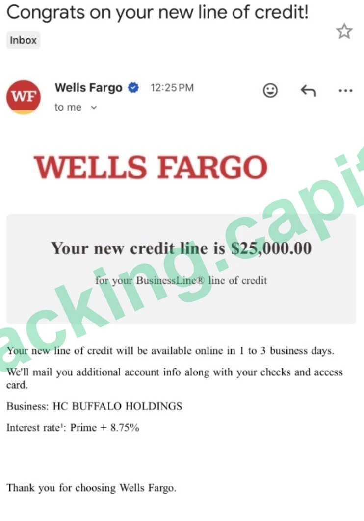 Wells Fargo new business credit line of $25,000