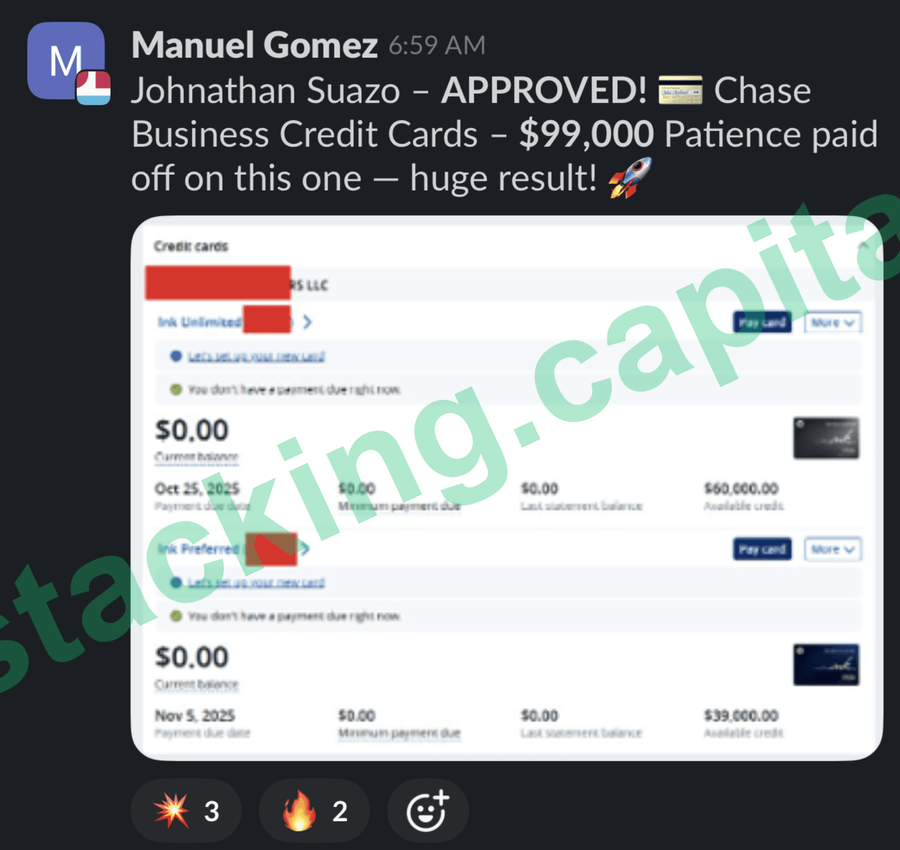 Jonathan approved for $99,000 in Chase business credit cards