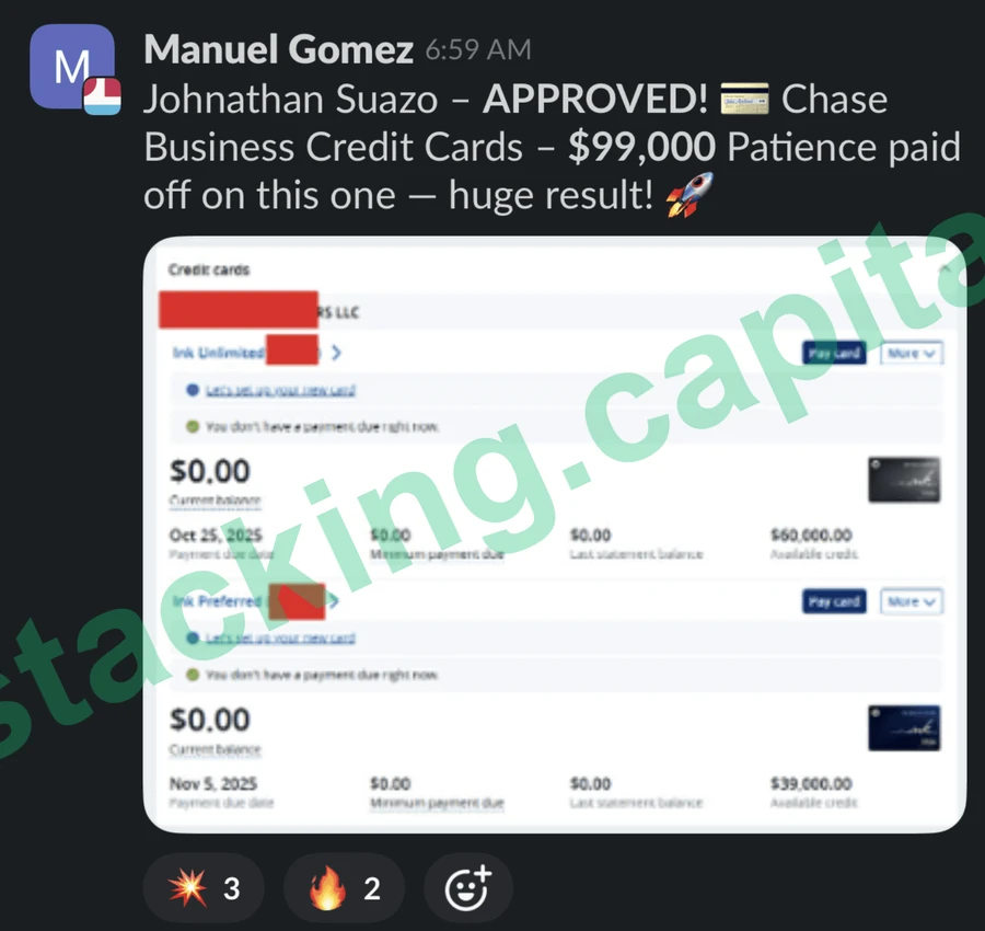 Jonathan approved for $99,000 in Chase business credit cards