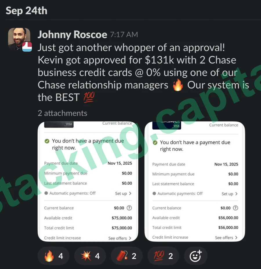 Kevin approved for $131,000 with two Chase business cards at 0%