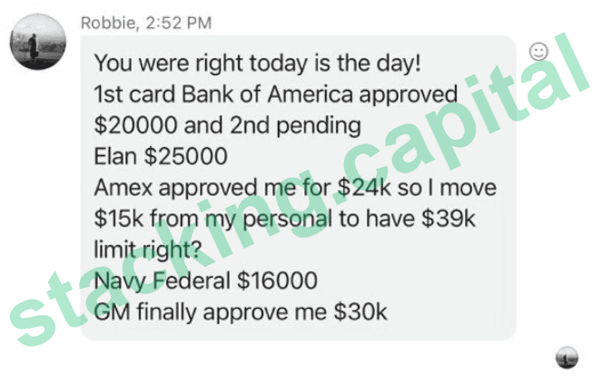 Client texts: Bank of America $20,000, Elan $25,000, Amex $24,000, Navy Federal $16,000, GM $30,000