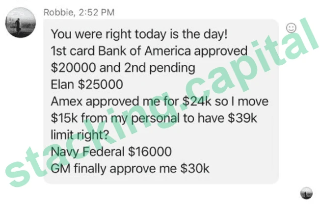 Client texts: Bank of America $20,000, Elan $25,000, Amex $24,000, Navy Federal $16,000, GM $30,000