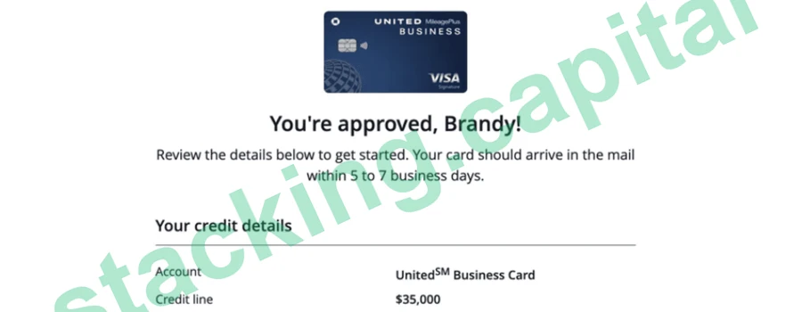 United Business Card approved for Brandy, $35,000 credit line