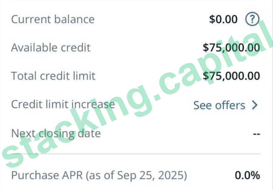 US Bank card, $75,000 credit limit at 0% APR