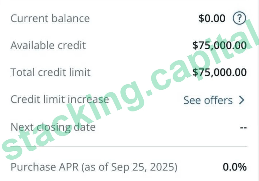 US Bank card, $75,000 credit limit at 0% APR