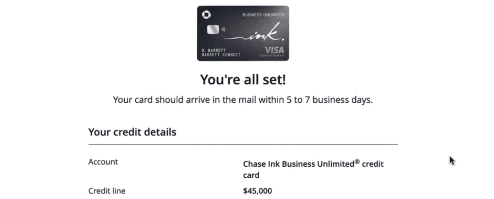 You're all set: Chase Ink Business Unlimited $45,000