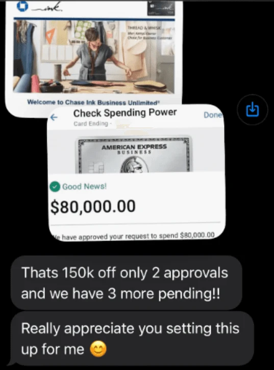 Client unlocked $80,000 in Amex spending power, 150k off only 2 approvals