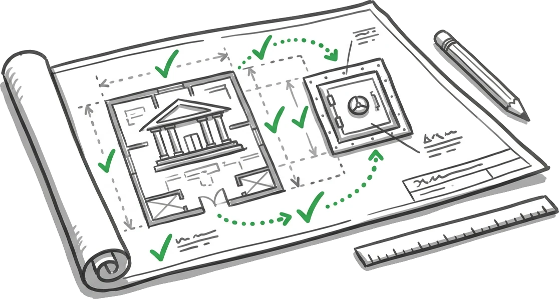Doodle: a rolled-out architect blueprint of a bank with measurement lines, green checkmarks, a pencil and a ruler