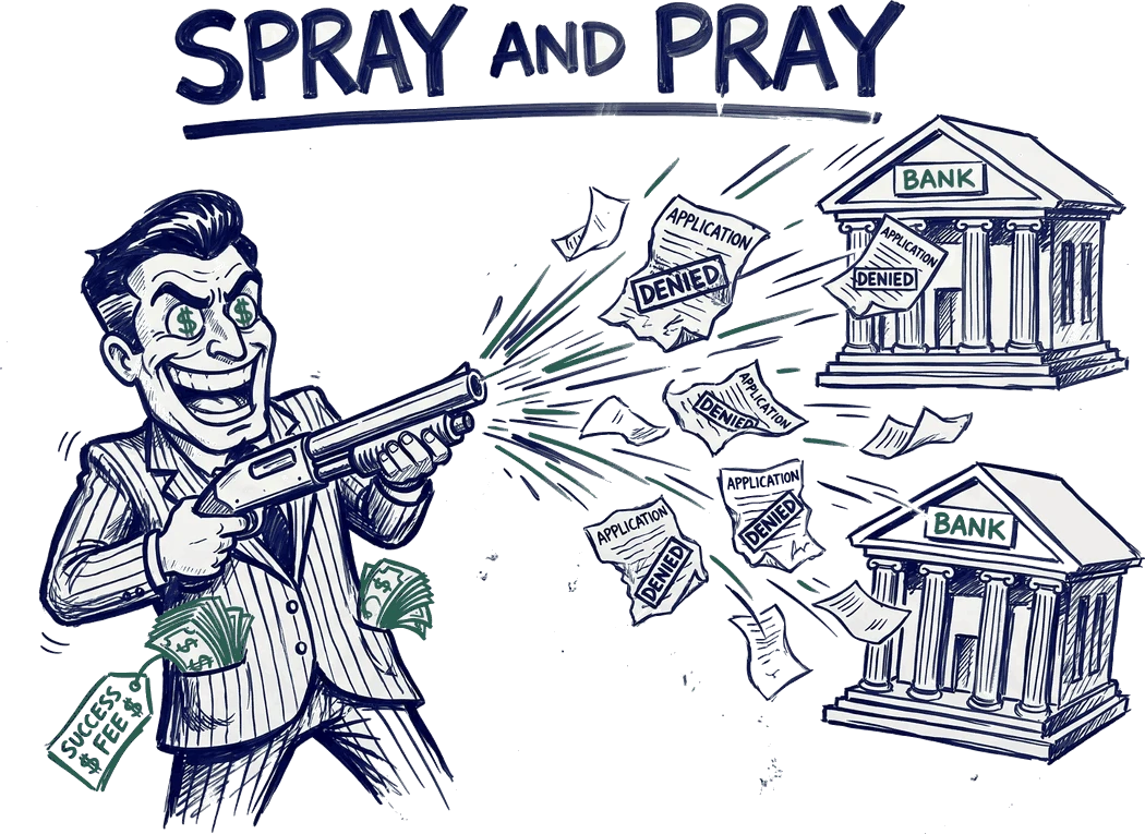 A greedy broker blasting a shotgun spray of loan applications at two banks, most stamped denied, to collect a success fee