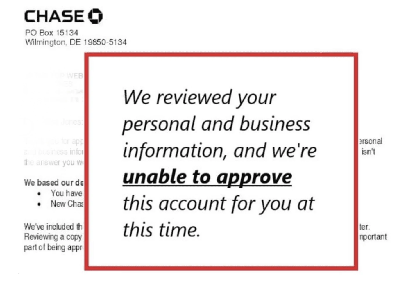 Chase: unable to approve this account at this time