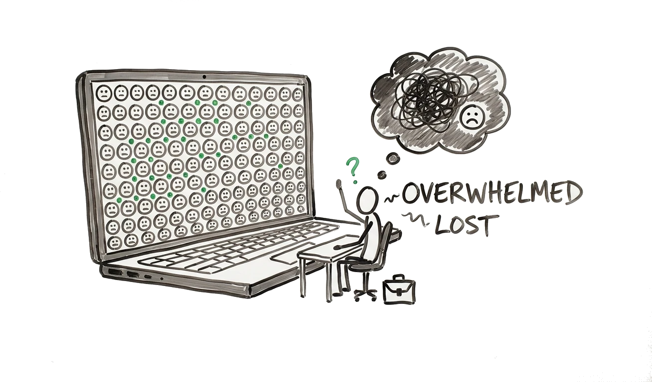 Doodle: a business owner lost and overwhelmed in a Zoom webinar with a hundred other faces