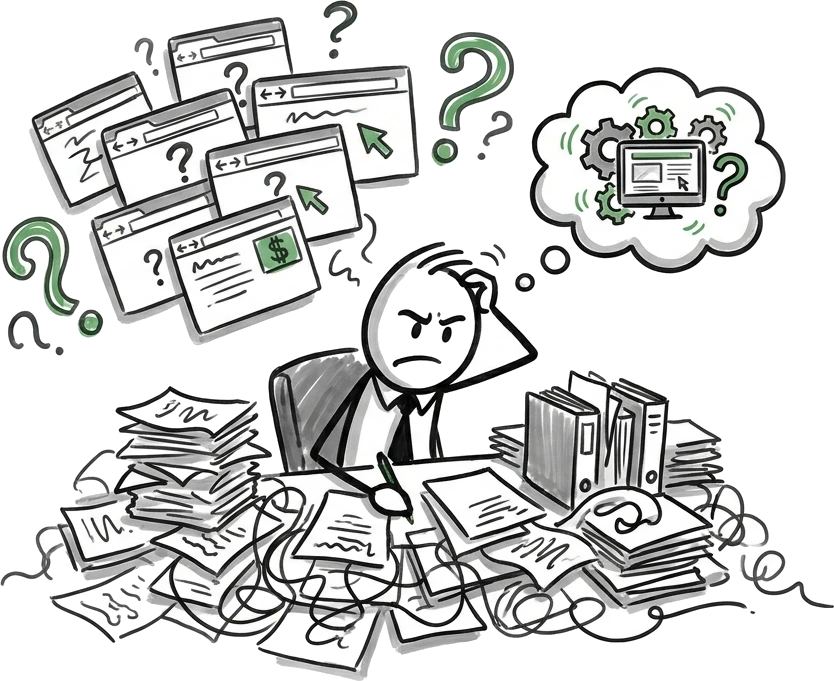 Doodle: a business owner buried in papers and browser tabs trying to figure out funding alone