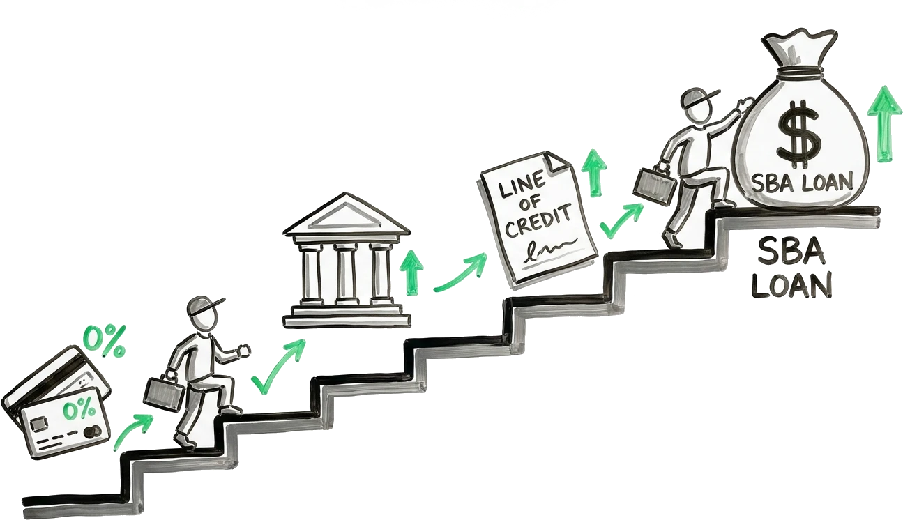 Doodle: a staircase climbing from 0% credit cards up to a bank, a line of credit, and an SBA loan