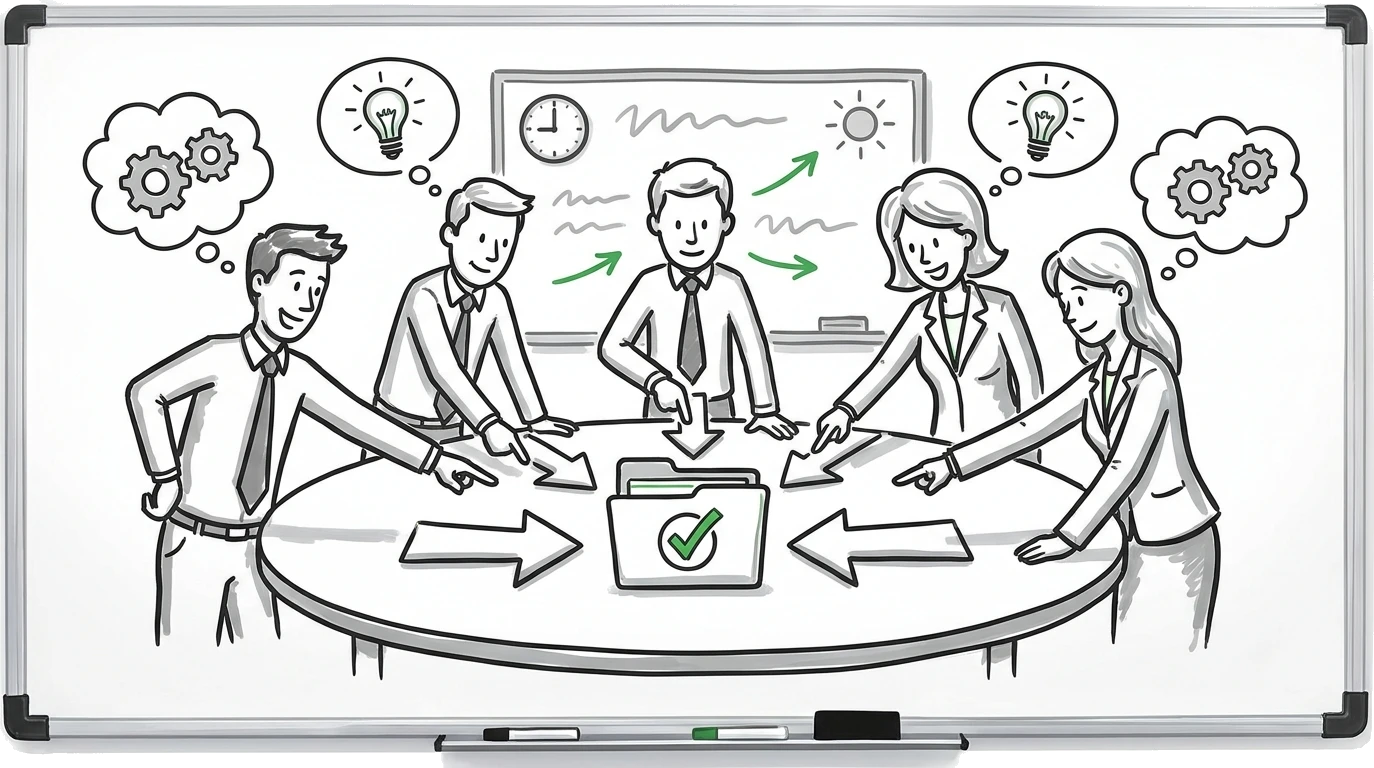 Doodle: a team of advisors gathered around a table, all working on one client file with a green check