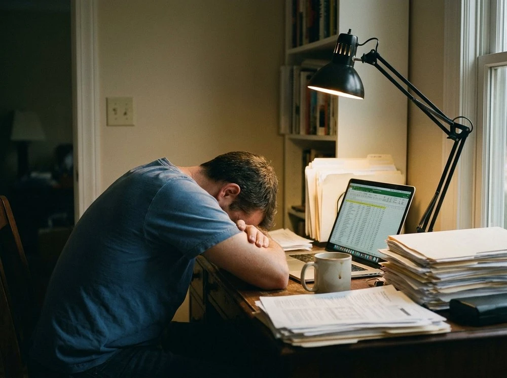 Exhausted business owner with his head down on a cluttered desk after being denied funding