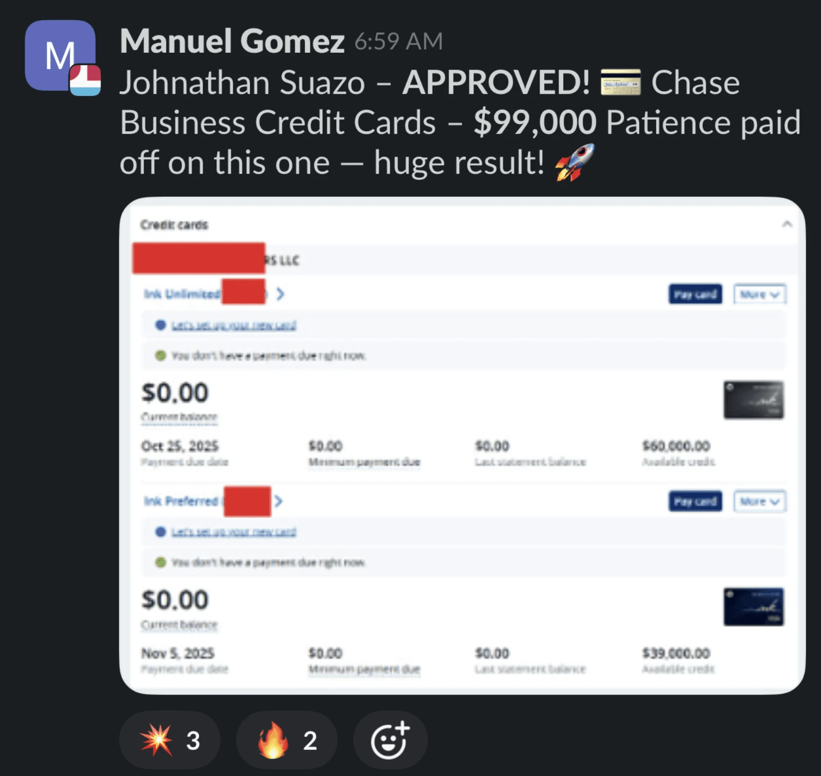 Jonathan approved for $99,000 in Chase business credit cards