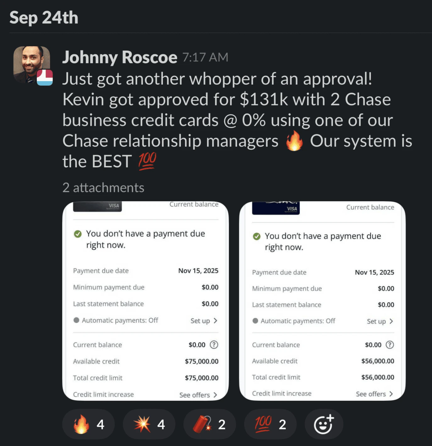 Slack message: Kevin approved for $131k with 2 Chase business credit cards at 0%
