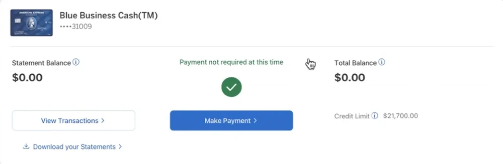 Amex Blue Business Cash Card, $21,700 credit limit, $0 balance