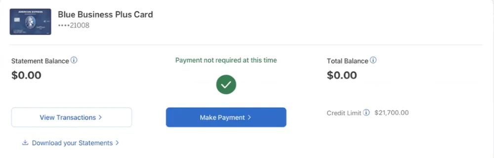Amex Blue Business Plus Card, $21,700 credit limit, $0 balance