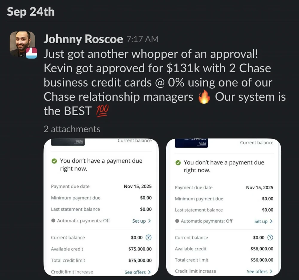 Slack message: Kevin approved for $131,000 with two Chase business credit cards at 0%, $75,000 and $56,000
