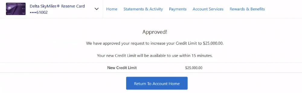 Delta SkyMiles Reserve Card approved for a $25,000 credit limit increase
