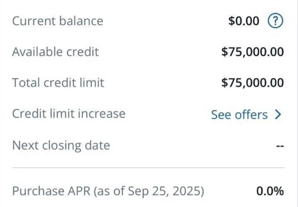 US Bank card, available credit $75,000, total credit limit $75,000, purchase APR 0.0%