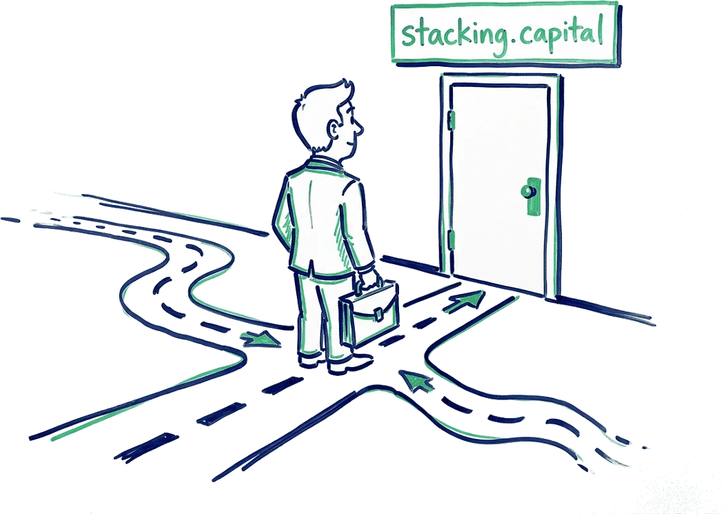 Cartoon: a business owner with a briefcase standing where three worn paths fade off, facing a door marked stacking.capital