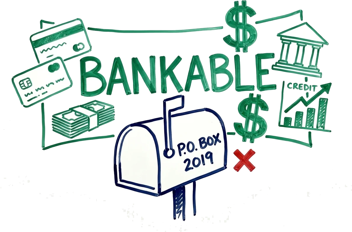Cartoon: an old P.O. box from 2019 with a red X blocking a wall of bankability rewards, credit cards, cash, a bank and a line of credit