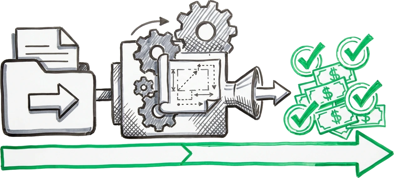 Doodle: a business credit profile fed into a machine of gears and a blueprint, producing a stack of cash and approved stamps